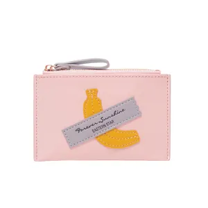 Pink PU leather banana print wallet with zipper and Forever Sunshine text design