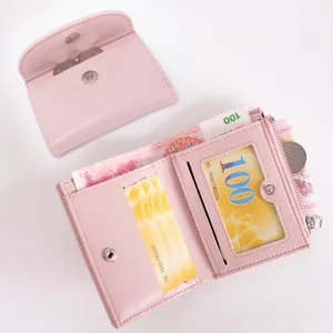 Pink PU leather multi-slot short wallet for women featuring coin pouch and card holders