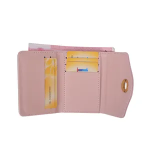 Pink trifold PU leather wallet for women featuring card slots and a gold metal twist lock
