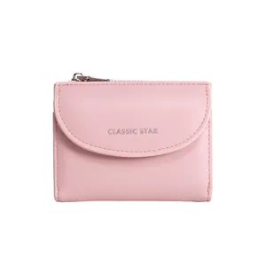 Minimalist sakura pink PU leather short wallet with classic star logo and zipper
