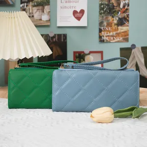Women Quilted PU Leather Long Wallet Large Capacity Multi Card Slots Zipper Clutch Handbag With Wrist Strap Solid Color Purse