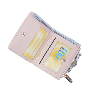 Short minimalist pink PU leather wallet with multiple card slots and gold snap closure