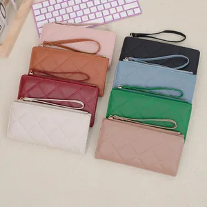Quilted long wallets for women with zipper closure and wrist strap in various colors