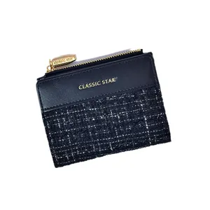 Short black tweed and leather women's coin purse with gold zipper by CLASSIC STAR