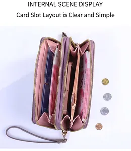 Portefeuille long violet pour femme avec double fermeture éclair et poche téléphone
