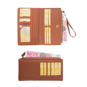 Brown quilted long zipper wallet with wrist strap and multi-card slots for women