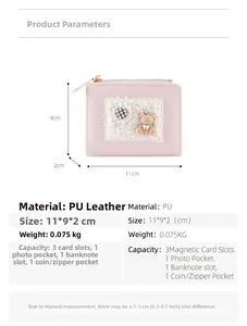 Detailed size specifications for pink PU leather cartoon bear wallet showing 11x9x2cm dimensions