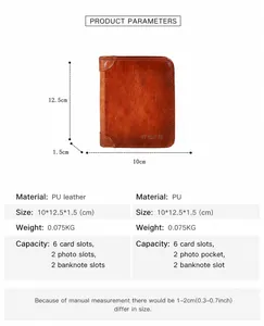 Detailed specifications of slim brown PU leather wallet with 6 card slots and photo windows