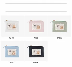 Group view of five cartoon bear mini wallets in white pink green blue and black