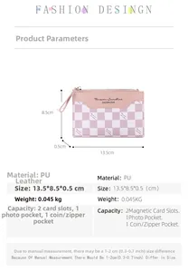 Pink checkered PU leather card holder detail showing 13.5x8.5x0.5cm dimensions and slots