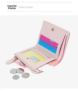 Pink PU leather wallet interior showing multiple card slots and zippered coin pouch