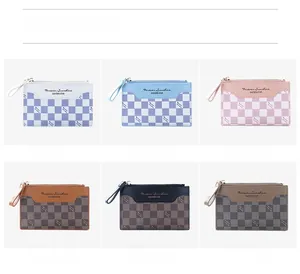 Checkerboard pattern zip wallets in white, blue, pink, brown, black and khaki options