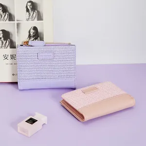 Damen Minimalistisch Gewebte PU-Leder Spleißen Kurze Brieftasche Koreanischen Stil Multi-Kartenfächer Reißverschluss Münzbörse Handtasche