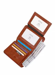 Detailed interior view of a brown leather tri-fold wallet with multiple card slots