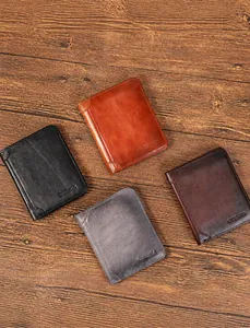 Four colors of slim bifold leather wallets for men with embossed logo and triangle corners