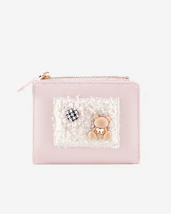 Pink PU leather wallet featuring a 3D teddy bear and houndstooth flower detail