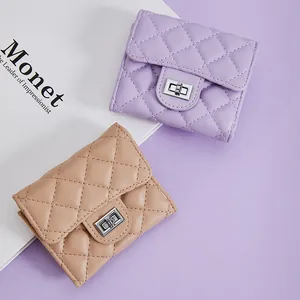 Women's Quilted Rhombus Small Wallet PU Leather Folding Card Holder With Metal Turn Lock Short Coin Purse Fashion Simple Handbag