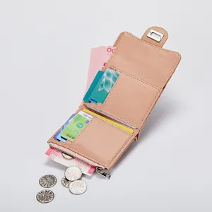 Elegant beige quilted multi-card slot wallet with silver twist lock and interior zip pocket