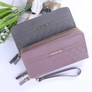 Portefeuille Long pour Femme Mode Pochette Double Fermeture Éclair Matelassé Losange Sac pour Téléphone Avec Dragonne