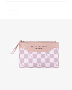 Detail view of pink and white checkered zipper wallet with Forever Sunshine print