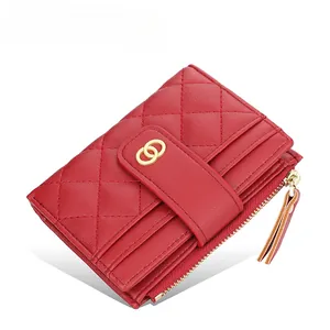 Deep red quilted PU leather wallet with multiple card slots and gold ring buckle
