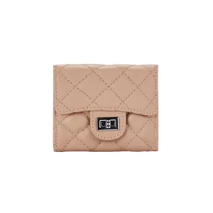 Beige quilted leather small flap wallet with classic silver twist lock for women