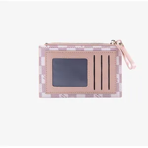 Pink and white checkered card holder with transparent ID window and zipper pocket