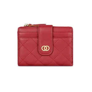 Red quilted PU leather compact wallet with gold hardware and multi-slot design