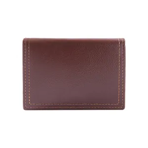Minimalist short bifold leather wallet for women in dark brown with detailed stitching