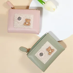 Cute Korean style cartoon bear wallet for women with zipper closure in pink and green