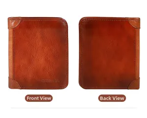 Voor- en achteraanzicht van bruine echt lederen portemonnee met vintage stiksels en logo