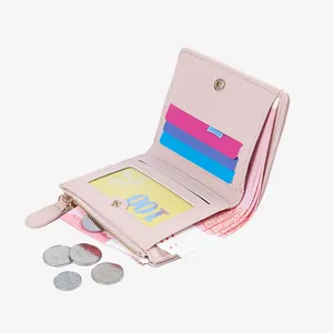 Pink cartoon bear zip wallet for women featuring multiple card slots and a coin pocket