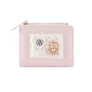 Cute pink mini wallet with cartoon bear plush and houndstooth flower for girls