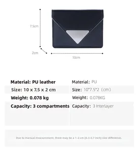 Detailed dimensions of black PU leather card holder with three storage compartments