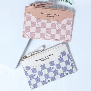 Checkerboard Zipper Card Holder Women PU Leather Slim Coin Purse Multi Slot Portable ID Credit Card Case Wallet