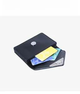 Interior view of black leather multi-slot card holder showing storage capacity