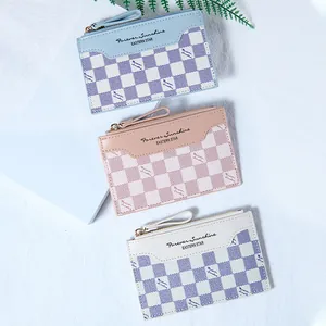 Checkerboard pattern slim zip card holder wallets for women in pastel colors