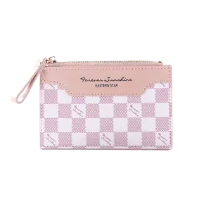 Pink and white checkerboard PU leather card holder wallet with zip and wrist strap