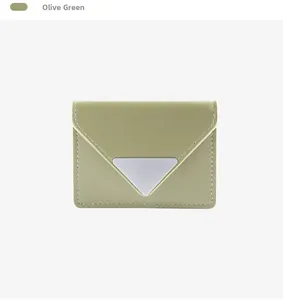 Olive green leather envelope card holder with silver metal buckle and white stitching