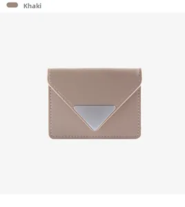 Front view of khaki envelope card holder wallet with triangular silver metal buckle