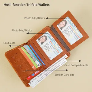 Portefeuille pour homme en cuir marron à trois volets avec emplacements pour cartes