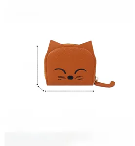 Diagramme technique du portefeuille chat en PU orange montrant 9 fentes et dimensions