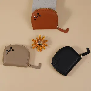 Süße Katze Mini Münzbörse PU Leder Lychee Muster Reißverschluss Kartenhalter Geldbörse Akkordeon Stil Stickerei Damen Kinder