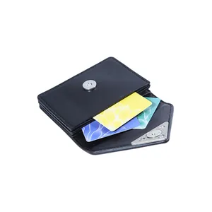 Minimalist black leather card holder wallet with multiple slots and metal buckle