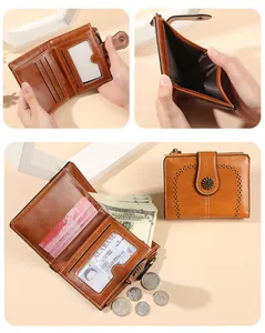 Detail view of vintage oil wax leather wallet interior with card slots and coin pocket