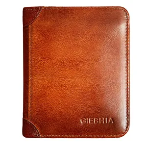 Schlanke braune Herrenbrieftasche aus echtem Leder mit GIEBHIA-Logo und feinen Nähten
