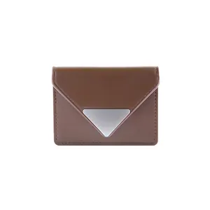 Minimalist brown leather envelope wallet for women with chic silver triangle buckle
