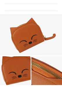 Détails du porte-monnaie chat en cuir PU grainé avec fermeture éclair dorée et broderie