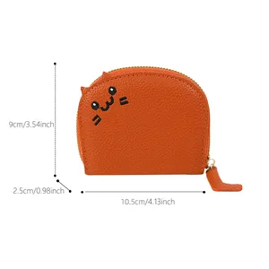 Süße orangefarbene Katzen-Geldbörse aus Leder mit Lychee-Struktur, 10,5x9x2,5 cm