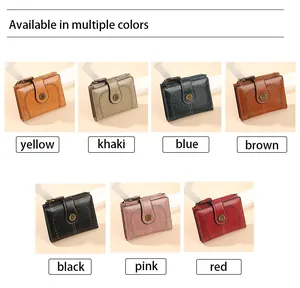 Short vintage oil wax leather wallets for women in seven colors with sunflower buckle